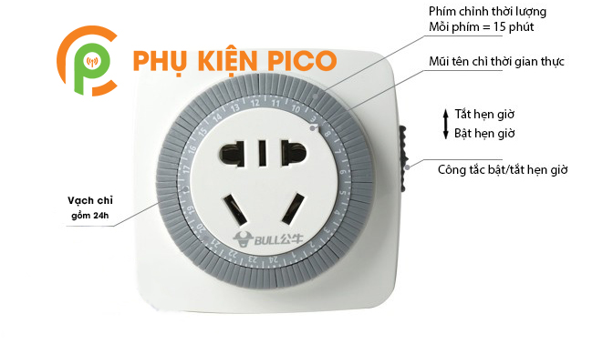 Ổ cắm điện chống chai pin, hẹn giờ bật tắt liên tục 24h chính hãng Bull 10A 2500W