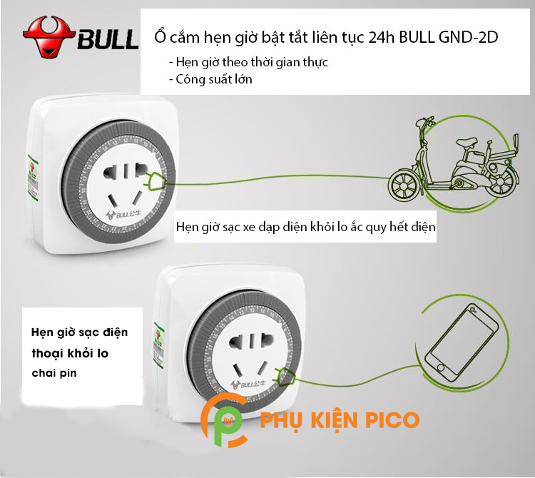 Ổ cắm điện chống chai pin, hẹn giờ bật tắt liên tục 24h chính hãng Bull 16A 4000W