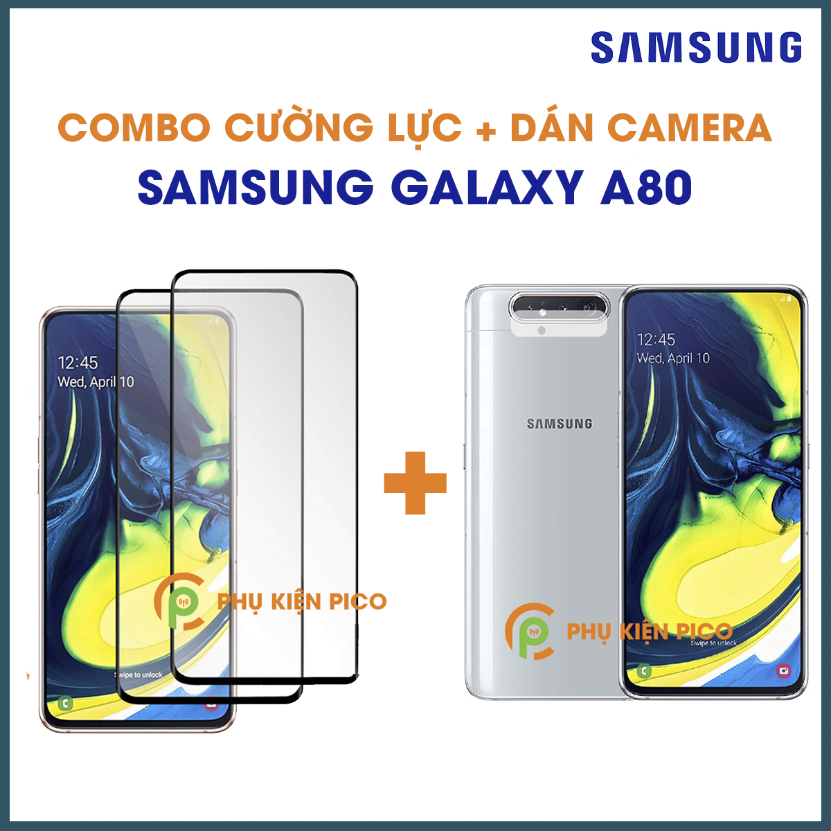 Combo kính cường lực và dán camera Samsung Galaxy A80 full viền độ cứng 9H