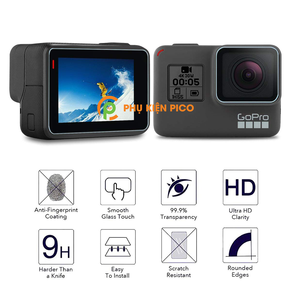 Cường lực GoPro Hero 5 Black, Hero 6 Black, Hero 7 Black trong suốt độ cứng 9H