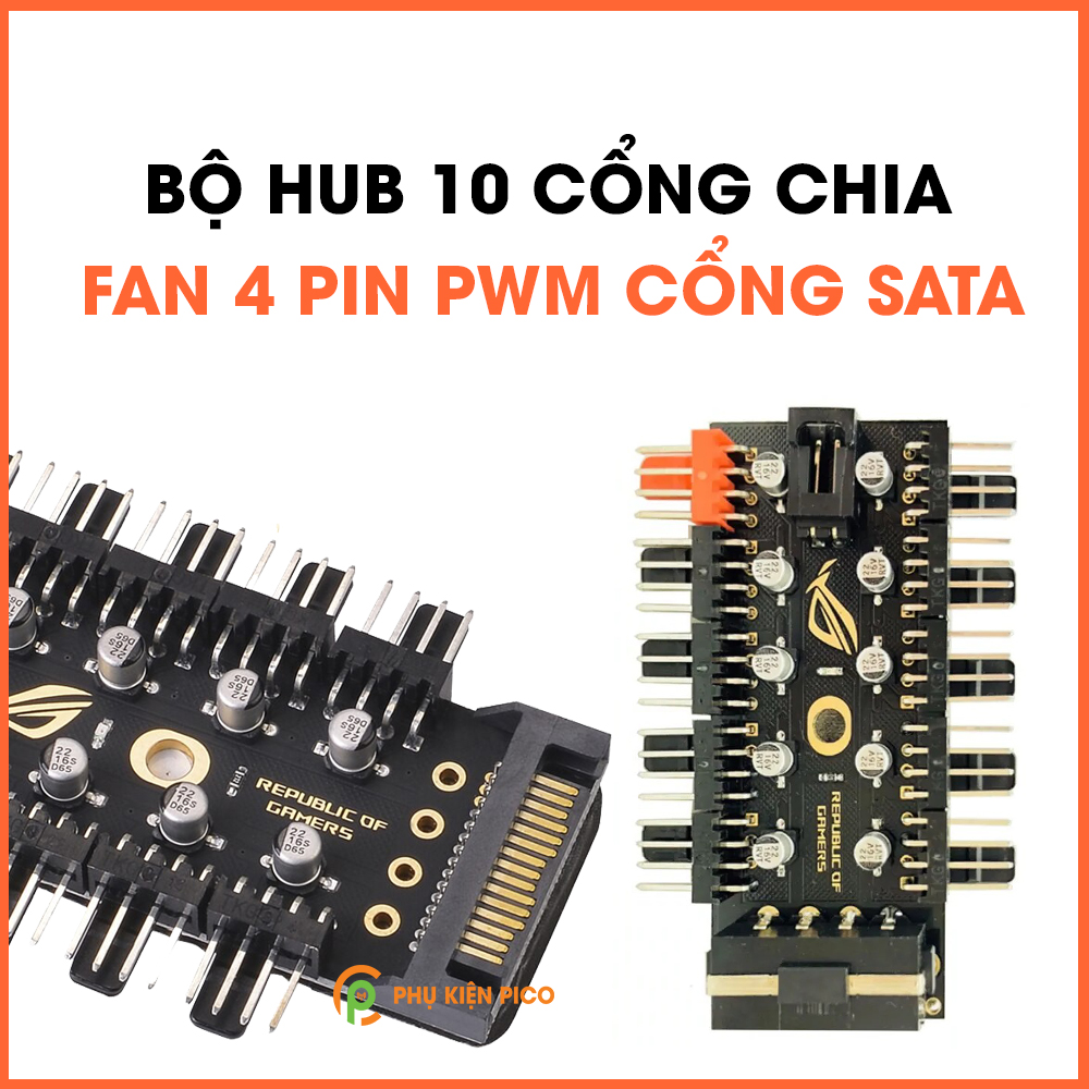 Bộ Hub 10 cổng chia Fan PWM 4 Pin hỗ trợ điều tốc, quạt tản nhiệt nguồn cấp điện cổng SATA, 10 tụ an toàn