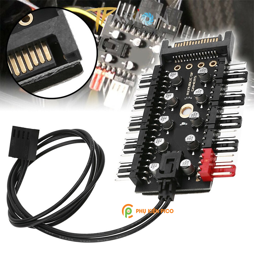 Bộ Hub 10 cổng chia Fan PWM 4 Pin hỗ trợ điều tốc, quạt tản nhiệt nguồn cấp điện cổng SATA, 10 tụ an toàn