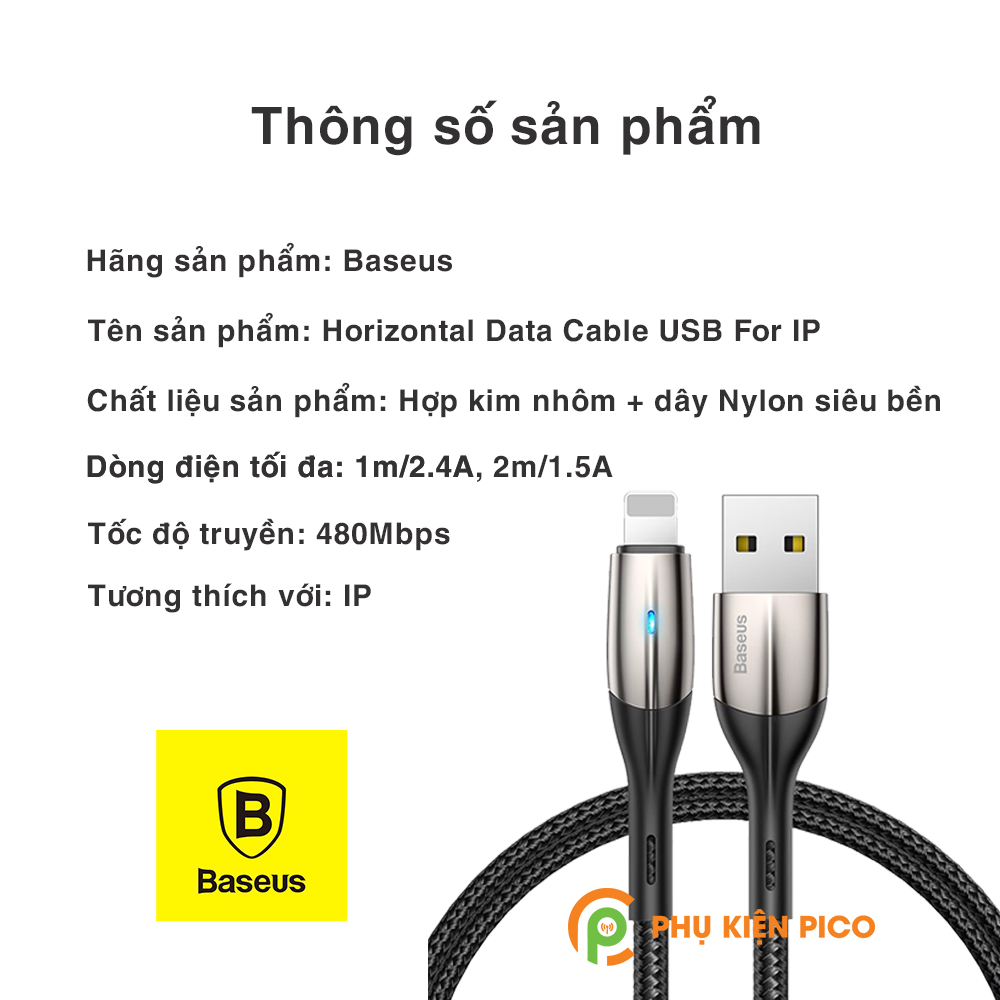 Cáp sạc Baseus Horizontal Data Lightning cho iPhone/ iPad sạc nhanh 2.4A truyền dữ liệu 480Mbps đèn LED báo