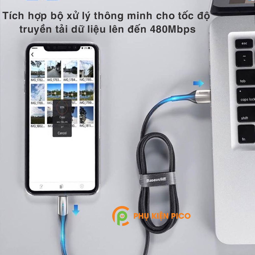 Cáp sạc Baseus Horizontal Data Lightning cho iPhone/ iPad sạc nhanh 2.4A truyền dữ liệu 480Mbps đèn LED báo