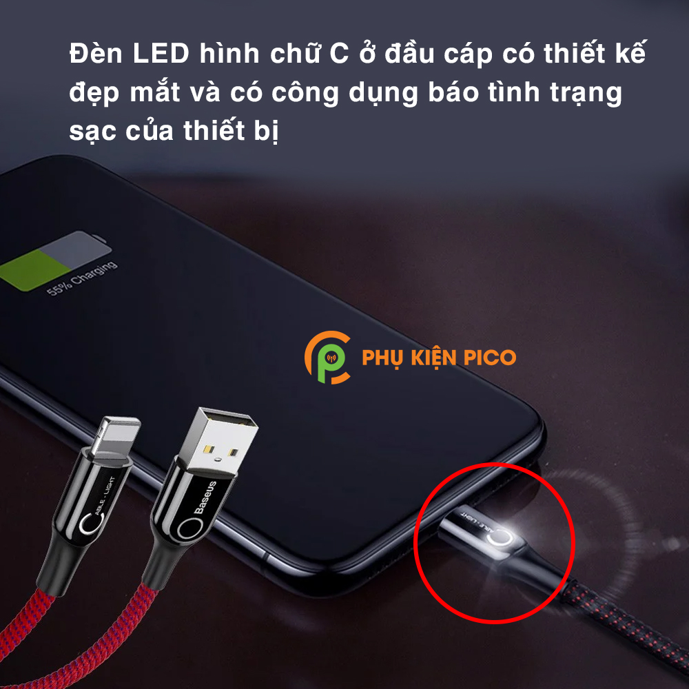 Cáp sạc Lightning tự ngắt chống chai pin chính hãng Baseus C Shape Light cho iPhone iPad sạc nhanh 2.4A