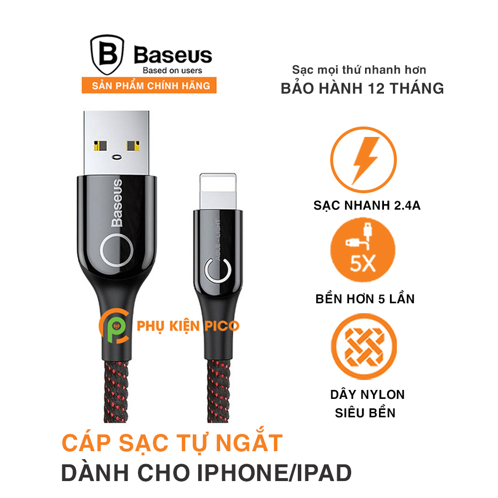 Cáp sạc Lightning tự ngắt chống chai pin chính hãng Baseus C Shape Light cho iPhone iPad sạc nhanh 2.4A