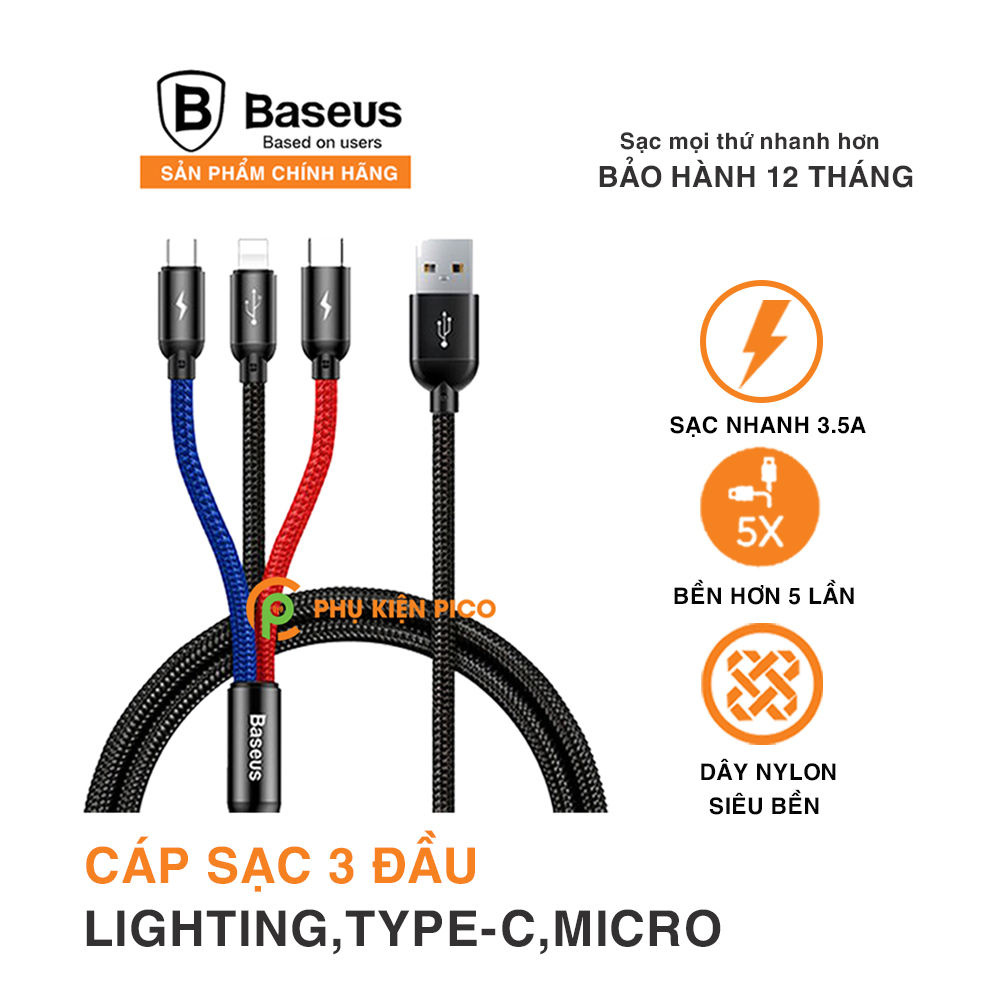 Cáp sạc 3 đầu Baseus Three Primary Colors 3-in-1 Cable sạc nhanh 3.5A truyền dữ liệu 480Mbps độ dài 120cm