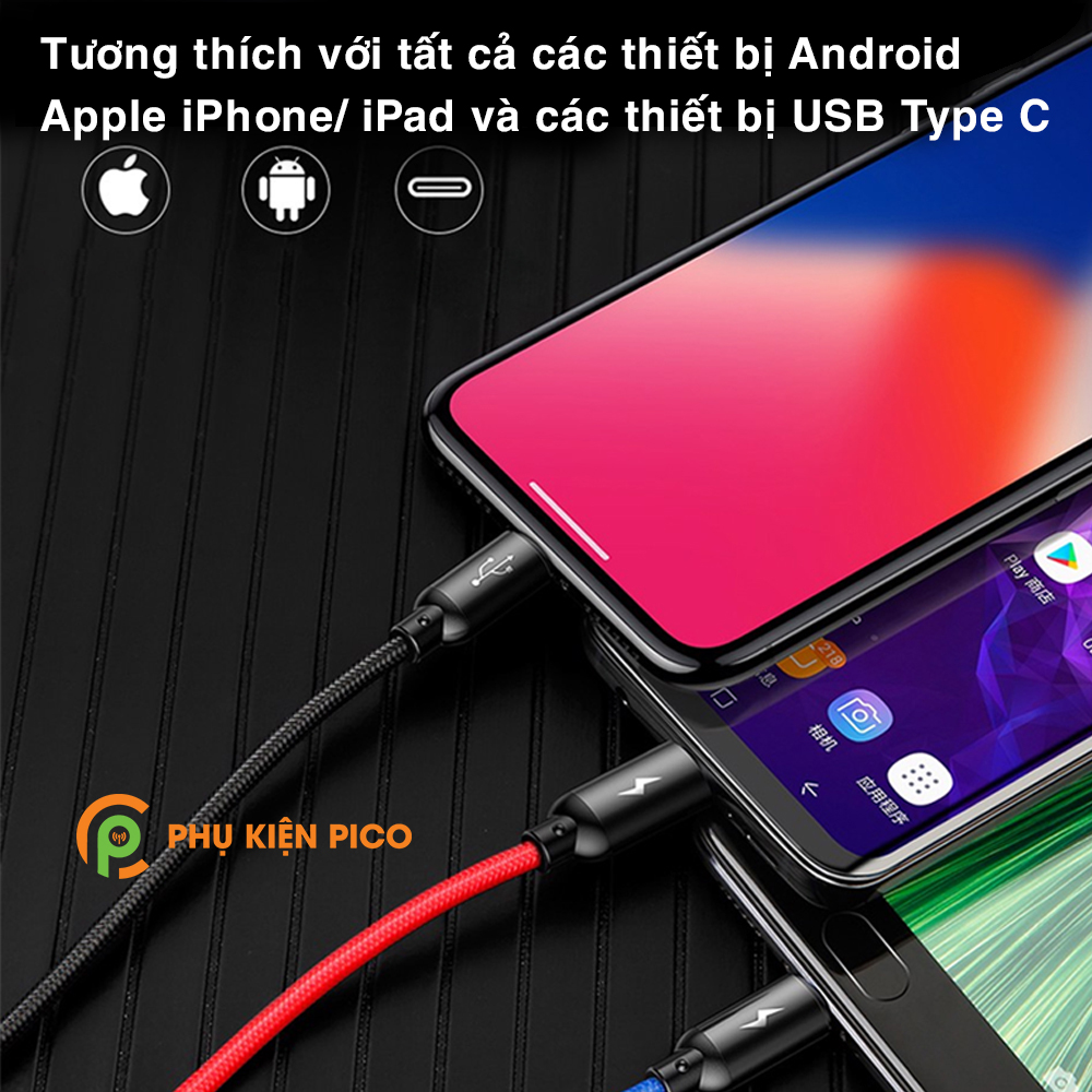 Cáp sạc 3 đầu Baseus Three Primary Colors 3-in-1 Cable sạc nhanh 3.5A truyền dữ liệu 480Mbps độ dài 120cm