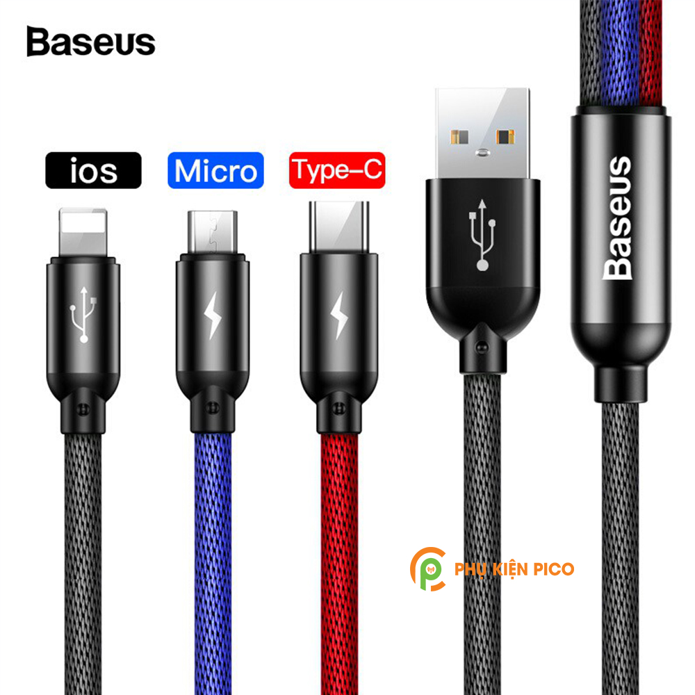 Cáp sạc 3 đầu Baseus Three Primary Colors 3-in-1 Cable sạc nhanh 3.5A truyền dữ liệu 480Mbps độ dài 120cm