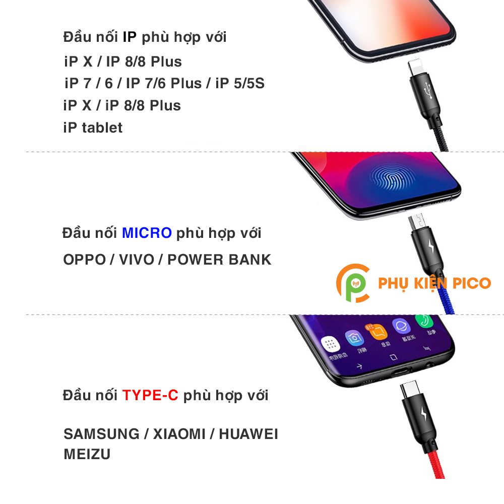 Cáp sạc 3 đầu Baseus Three Primary Colors 3-in-1 Cable sạc nhanh 3.5A truyền dữ liệu 480Mbps độ dài 120cm