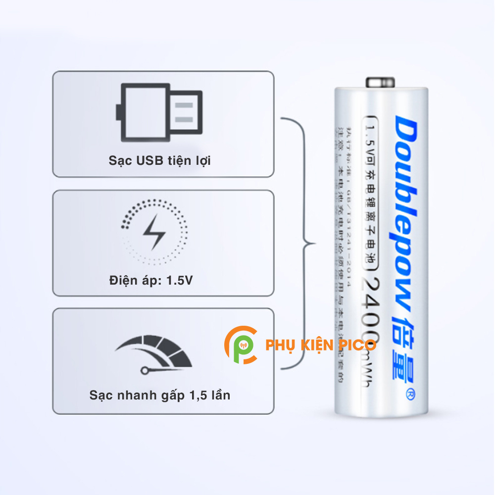 Pin sạc Doublepow 2400mWh có cổng sạc trực tiếp Micro USB AA 1.5v