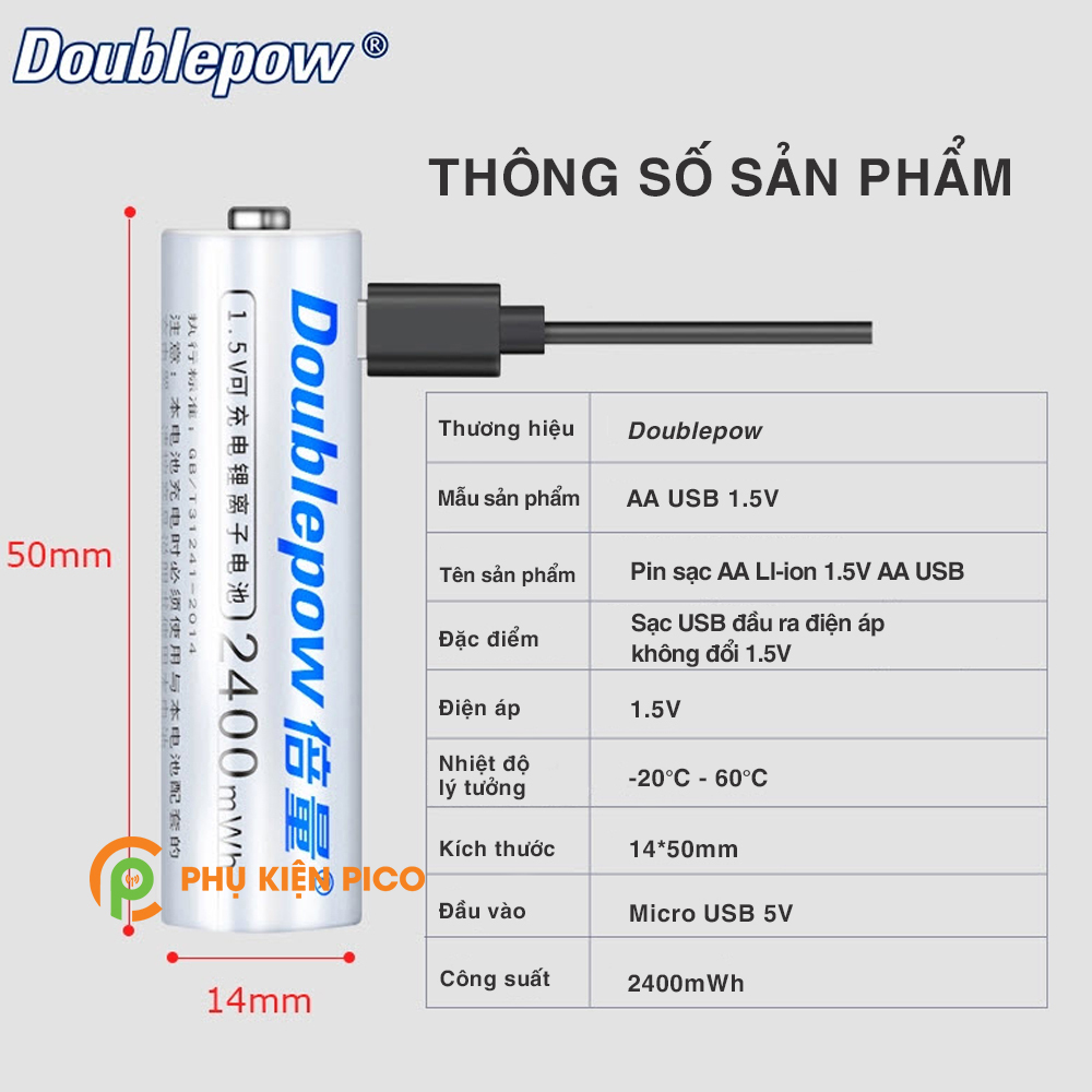 Pin sạc Doublepow 2400mWh có cổng sạc trực tiếp Micro USB AA 1.5v