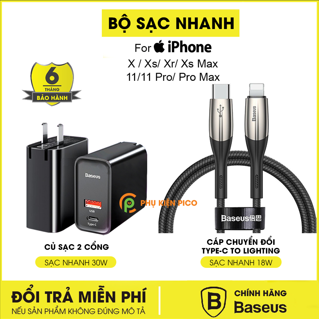 Bộ sạc nhanh cho Iphone X / Iphone 11 Series chính hãng Baseus combo củ sạc và cáp sạc – Sạc nhanh Iphone X / Iphone 11 Series