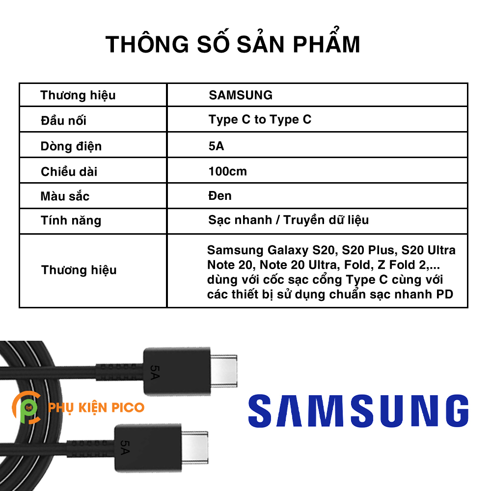 Cáp sạc nhanh 2 đầu Type C 5A chính hãng Samsung – Cáp truyền dữ liệu Samsung