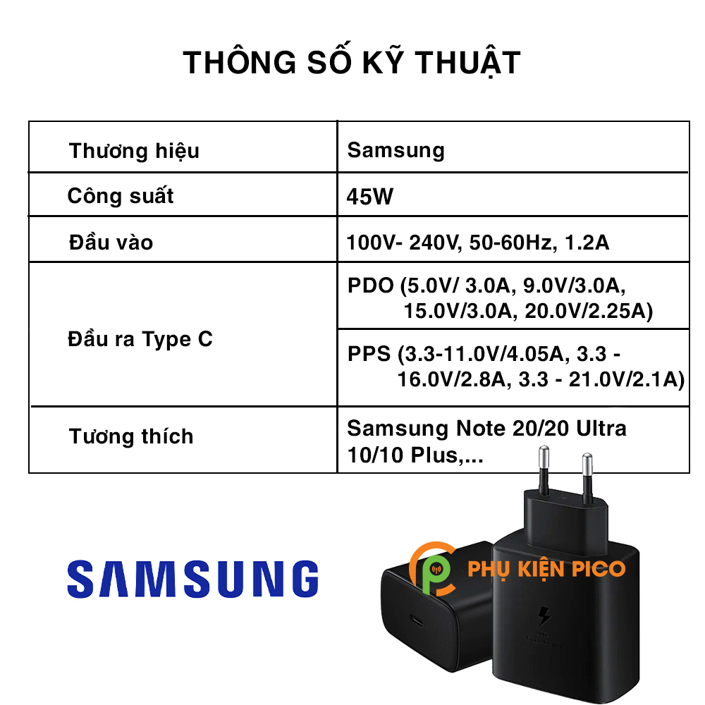 Củ sạc siêu nhanh 45W cho Samsung Galaxy Note 10/ Note 20/ S20 Series/ Z Fold 2/ Z Flip cổng Type C chính hãng NoBox