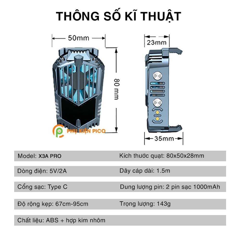 Quạt tản nhiệt điện thoại sò lạnh X3A Pro pin sạc 2000mAh