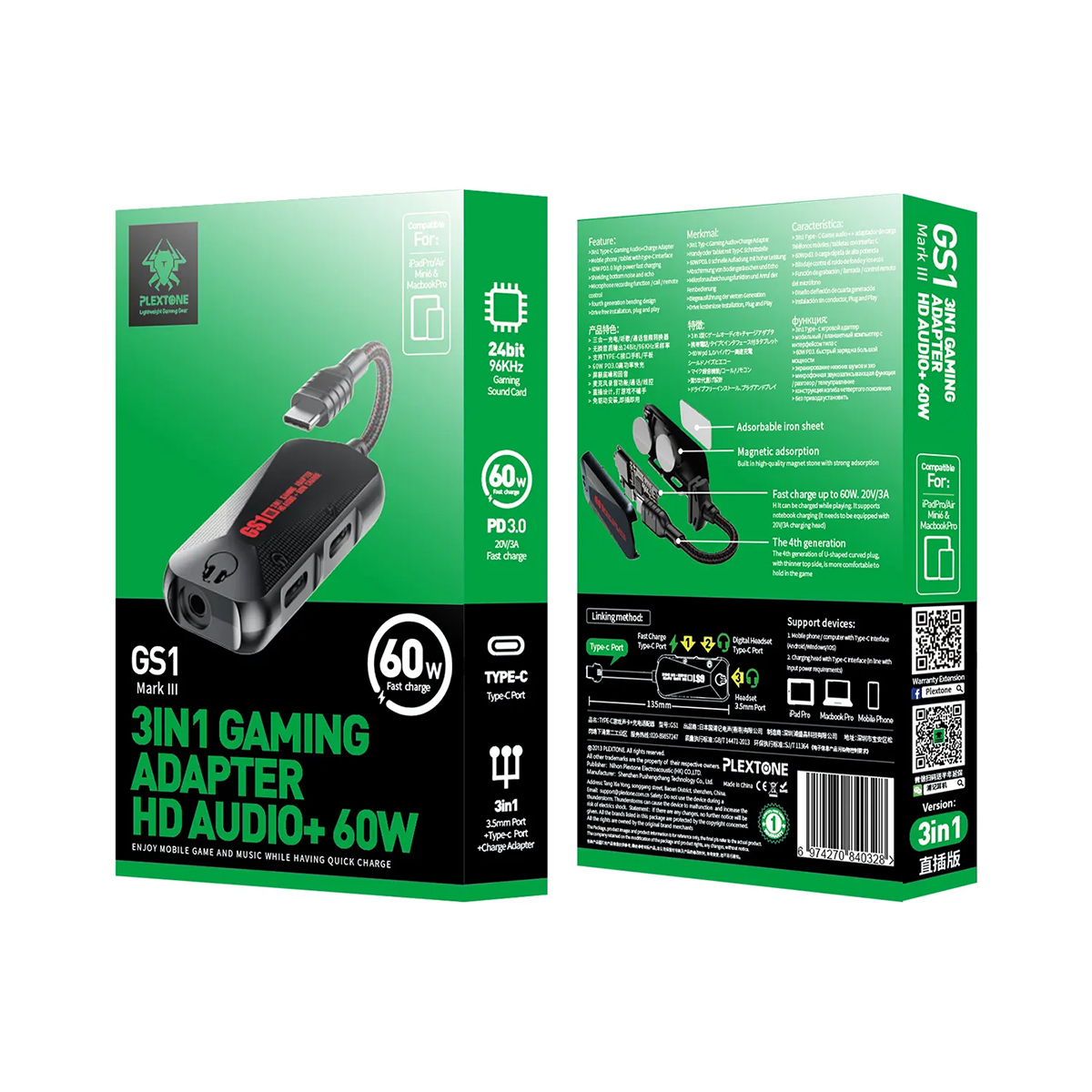 Cáp chia tai nghe và sạc Plextone GS1 type C 3 in 1 Cáp vừa sạc vừa nghe nhạc iPad Pro, Macbook Pro và điện thoại