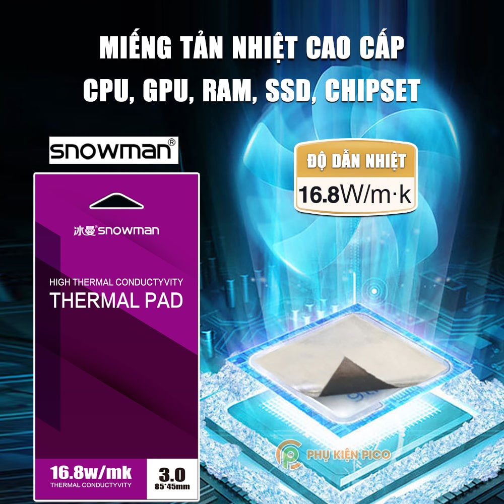 Miếng tản nhiệt cao cấp Thermal Pad SNOWMAN 16.8 W/mk chính hãng tản nhiệt GPU chipset ổ cứng SSD M.2 đối thủ của Gelid