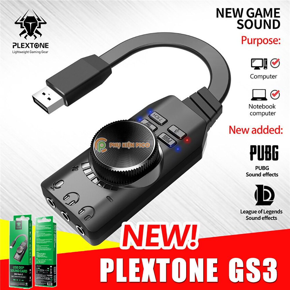 Sound Card 7.1 Plextone GS3 card âm thanh gaming usb sang 3.5mm cổng mic rời chơi PUBG FREE FIRE Liên Quân