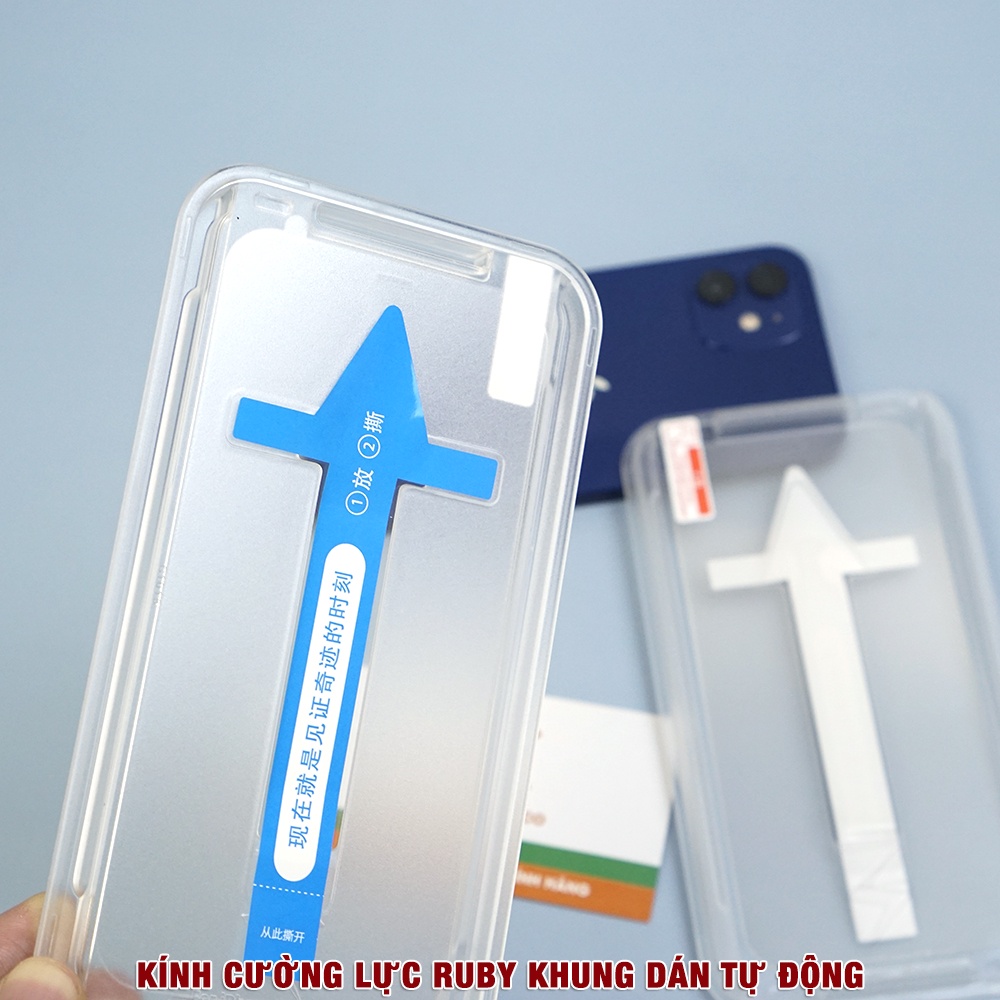 Kính cường lực Iphone 14 chính hãng Ruby khung dán tự động full màn hình