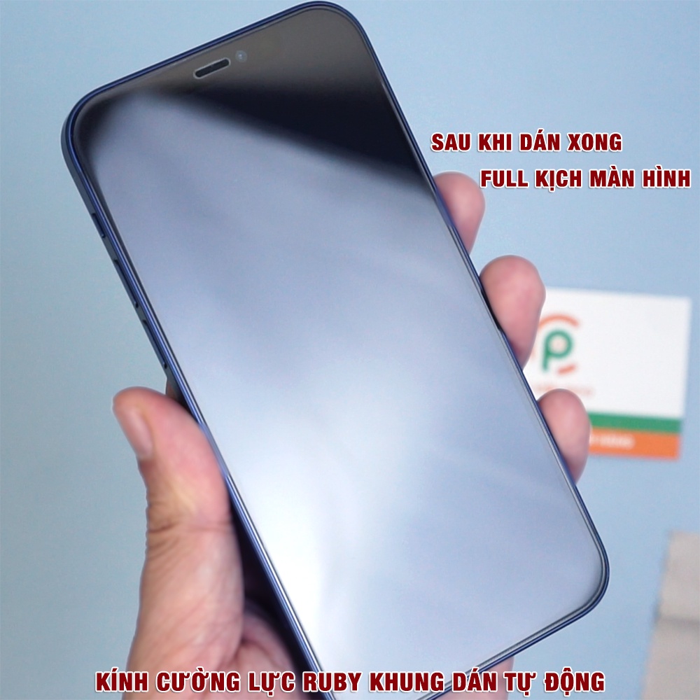 Kính cường lực Iphone 14 chính hãng Ruby khung dán tự động full màn hình