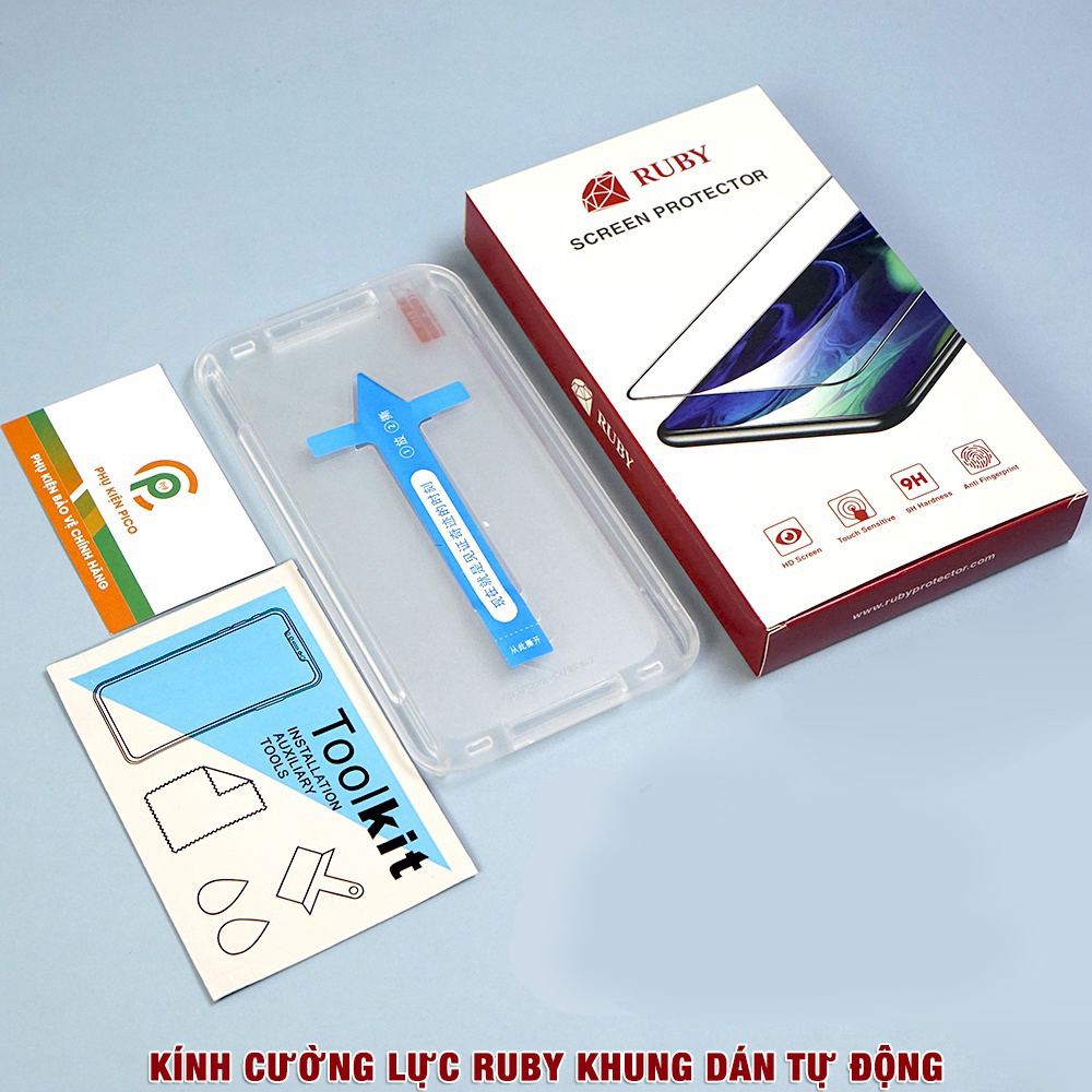 Kính cường lực Iphone 14 chính hãng Ruby khung dán tự động full màn hình