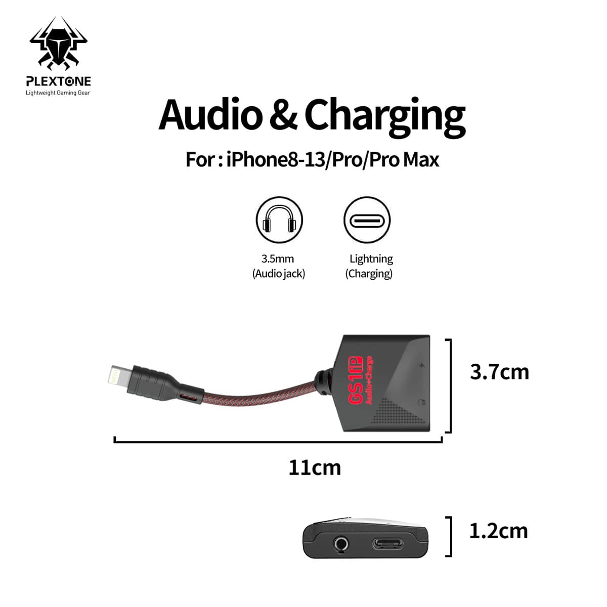 Cáp chuyển đổi tai nghe sang 3.5 Plextone GS1 hỗ trợ iphone và ipad vừa nghe nhạc vừa sạc/ Cáp chuyển đổi tai nghe sang ligtning Plextone GS1 hỗ trợ iPhone và ipad vừa nghe nhạc vừa sạc