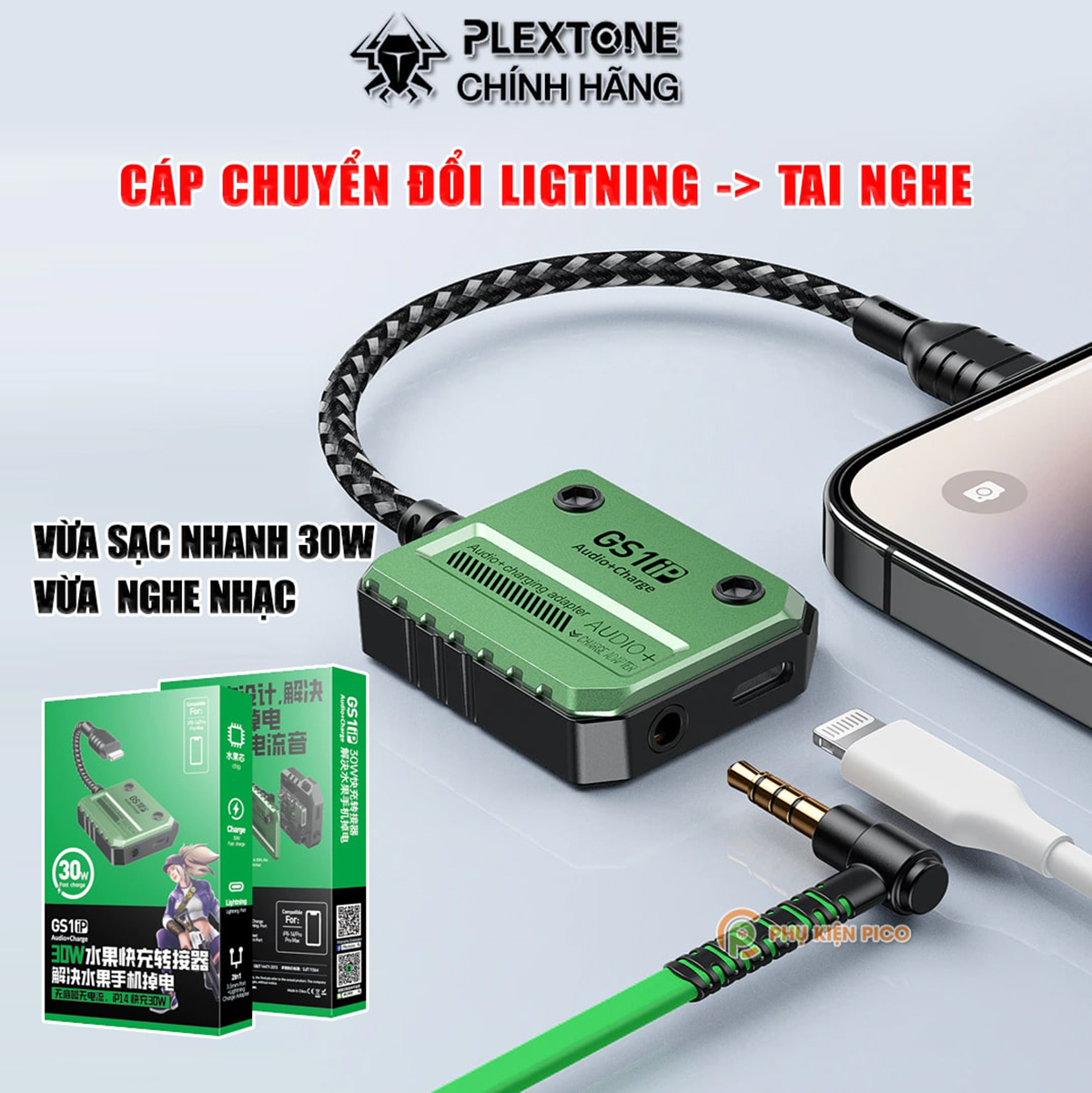 Cáp chuyển đổi ligtning sang tai nghe Plextone gs1 Pro 30W hỗ trợ iphone và ipad vừa nghe nhạc vừa sạc siêu nhanh