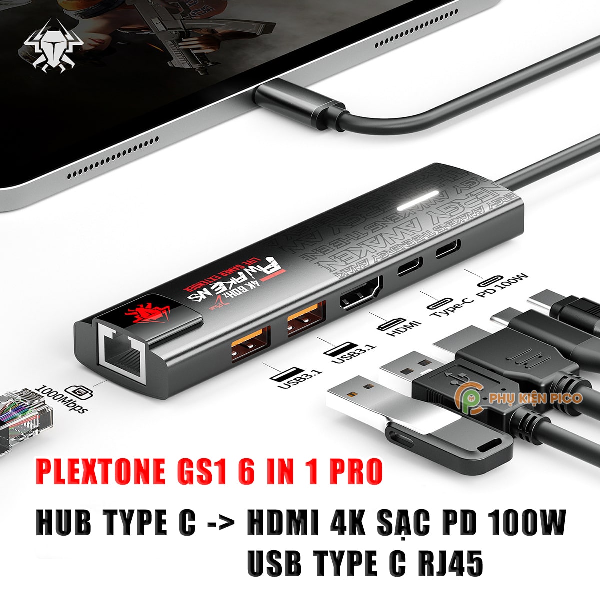 HUB Type C sang HDMI 4K Plextone 6in1 Pro sạc PD 100W Mạng Lan HUB USB 3.0 tốc độ cao HUB USB C to HDMI 2.0 - RJ45 - Type C cho Laptop hỗ trợ Macbook
