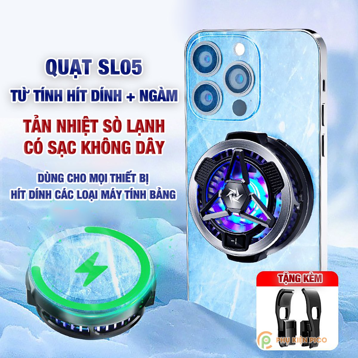Quạt tản nhiệt điện thoại sò lạnh từ tính SL05 có sạc không dây màn hình hiển thị nhiệt độ Led RGB 2023