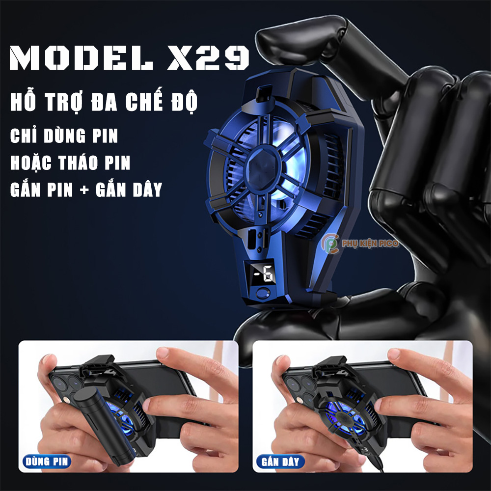Quạt tản nhiệt điện thoại sò lạnh chạy Pin X29 - Quạt tản nhiệt không dây X29 pin sạc màn hình hiển thị nhiệt độ Led RGB