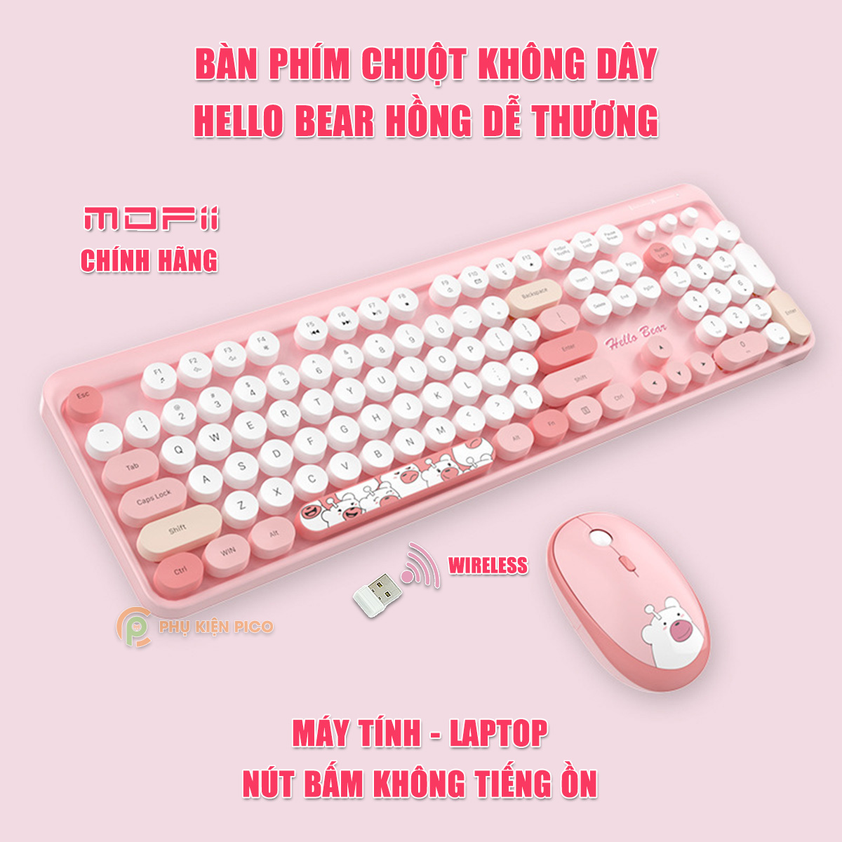 Bộ bàn phím chuột không dây cute Hello Bear - chuột máy tính không dây bàn phím MOFII hồng dễ thương Wireless