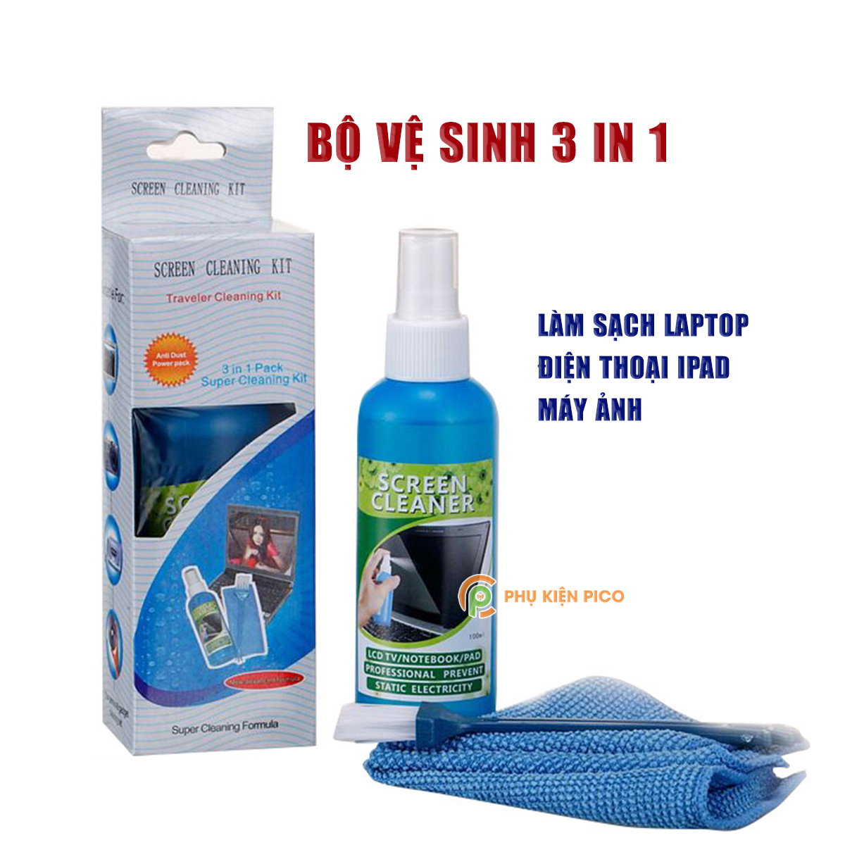 Bộ vệ sinh laptop máy ảnh đa năng 3in1 phụ kiện làm sạch máy tính, laptop Macbook, ipad, máy ảnh, đồng hồ