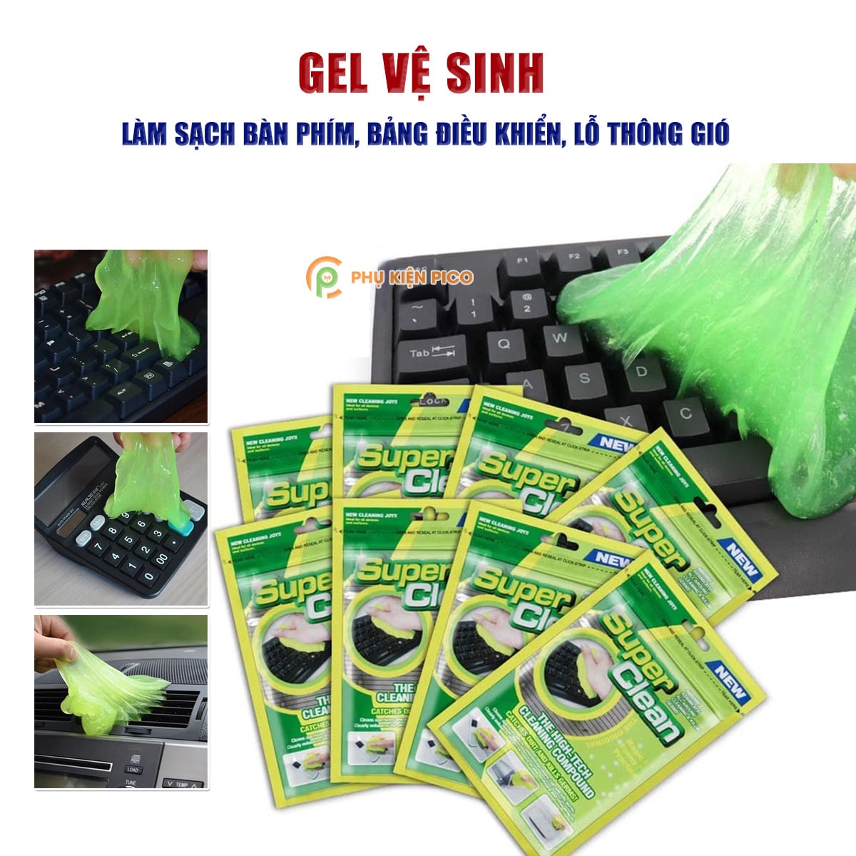 Gel vệ sinh bàn phím, điều khiển TV, lỗ thông hơi điều hòa, lỗ thông hơi trên ô tô đa năng Super Clean màu xanh túi 80 gram