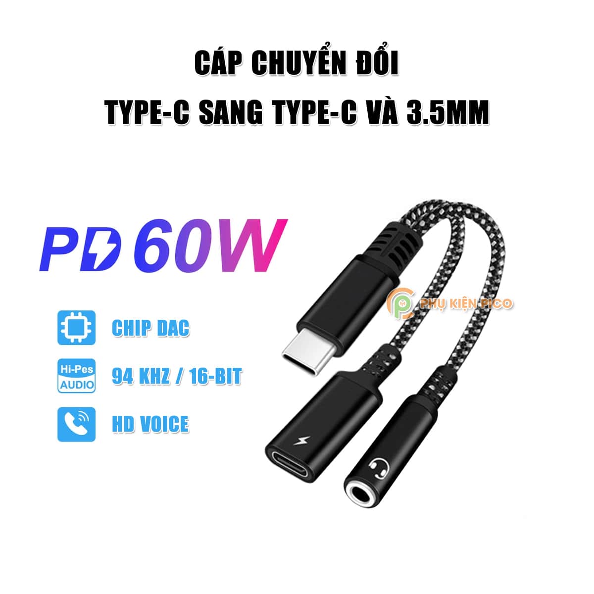 Cáp chuyển đổi Type C vừa sạc vừa nghe nhạc Type C ra Type C và Tai nghe 3.5mm sạc nhanh PD 60W - Màu đen