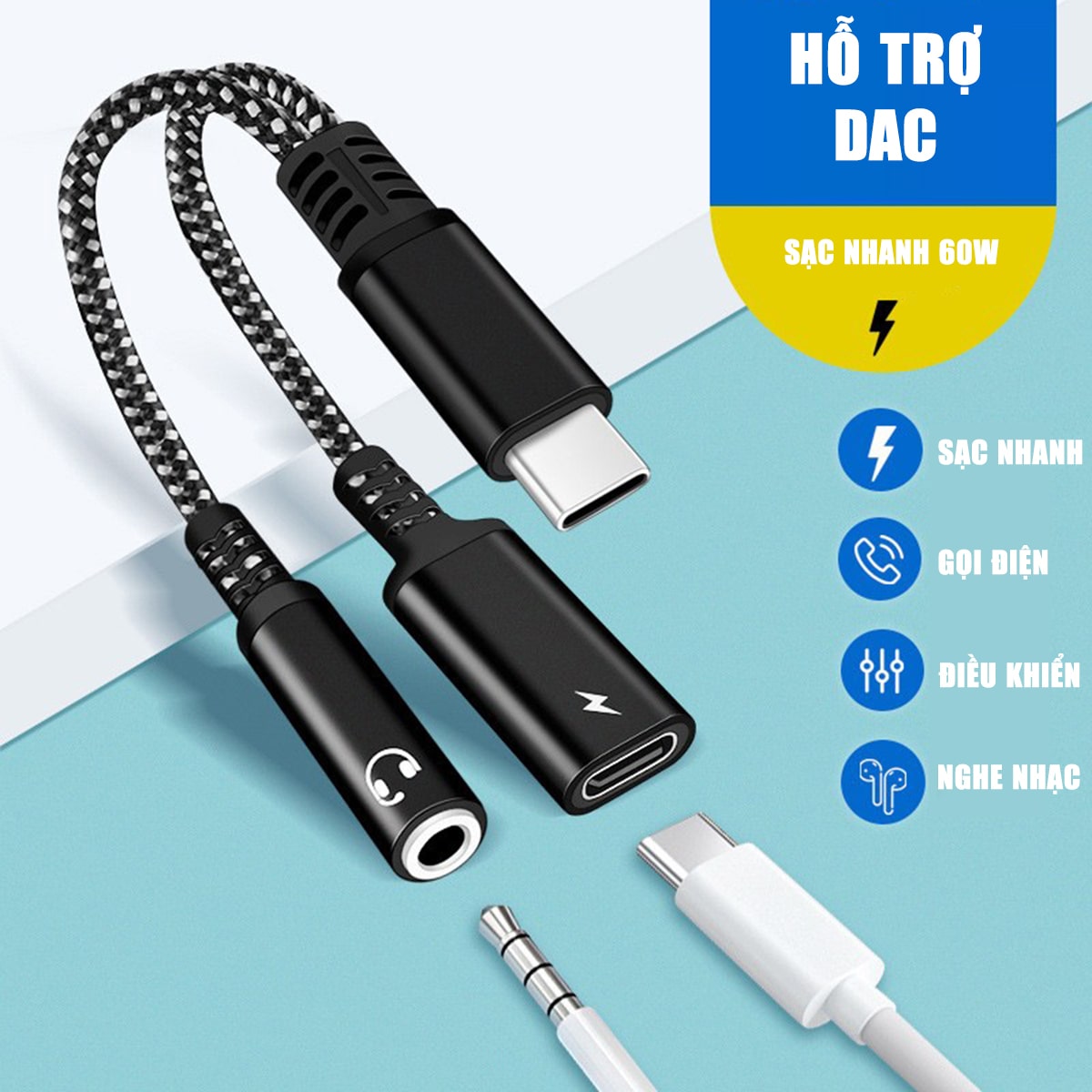 Cáp chuyển đổi Type C vừa sạc vừa nghe nhạc Type C ra Type C và Tai nghe 3.5mm sạc nhanh PD 60W - Màu đen