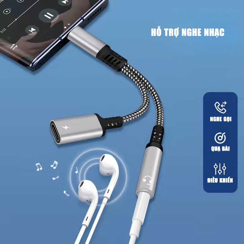 Cáp chuyển đổi Type C vừa sạc vừa nghe nhạc Type C ra Type C và Tai nghe 3.5mm sạc nhanh PD 60W - Màu đen