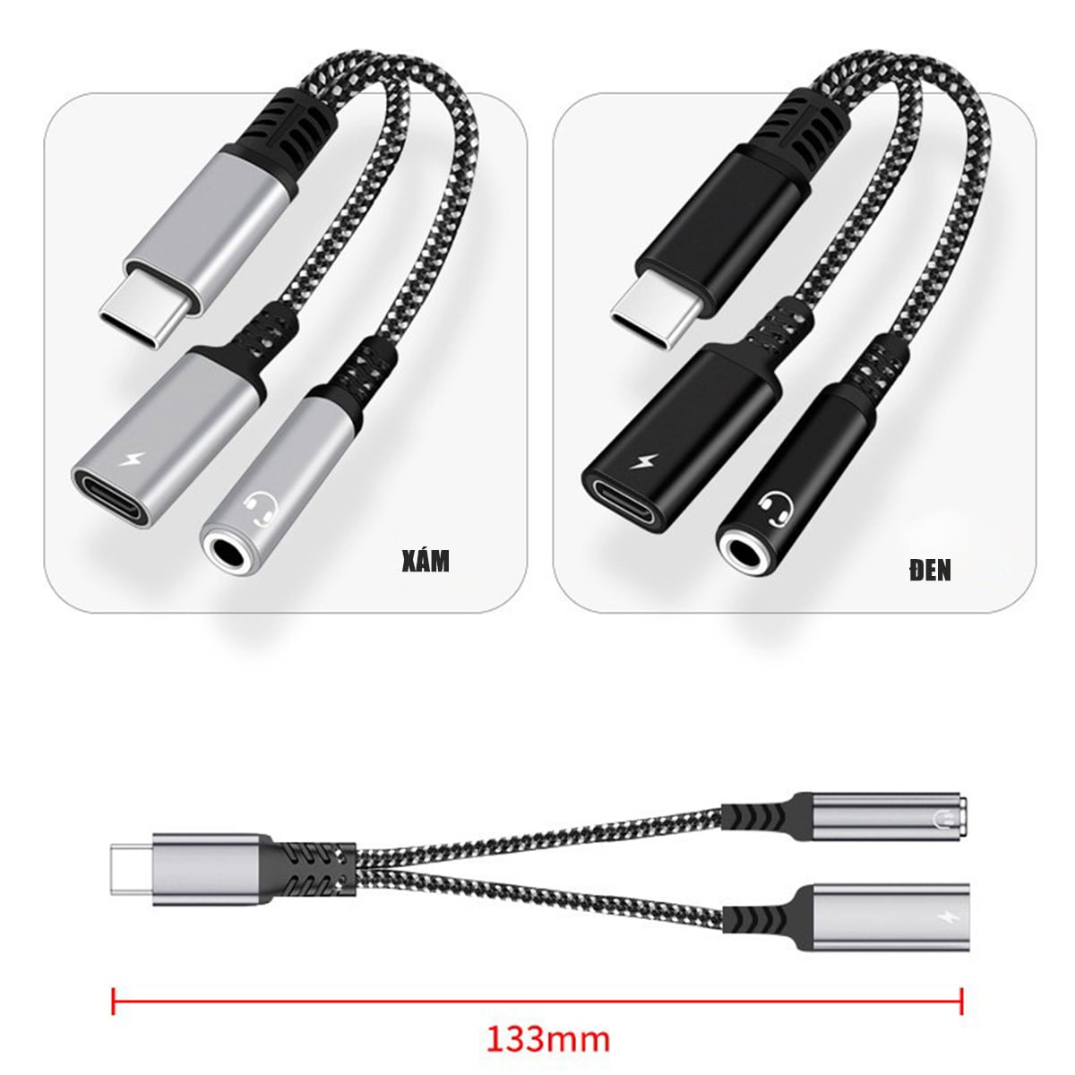 Cáp chuyển đổi Type C vừa sạc vừa nghe nhạc Type C ra Type C và Tai nghe 3.5mm sạc nhanh PD 60W - Màu đen