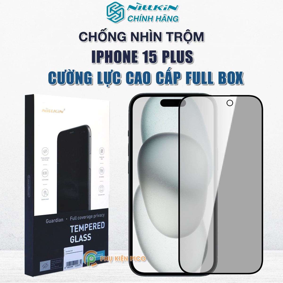Kính cường lực chống nhìn trộm Iphone 15 Plus full màn hình chính hãng Nillkin