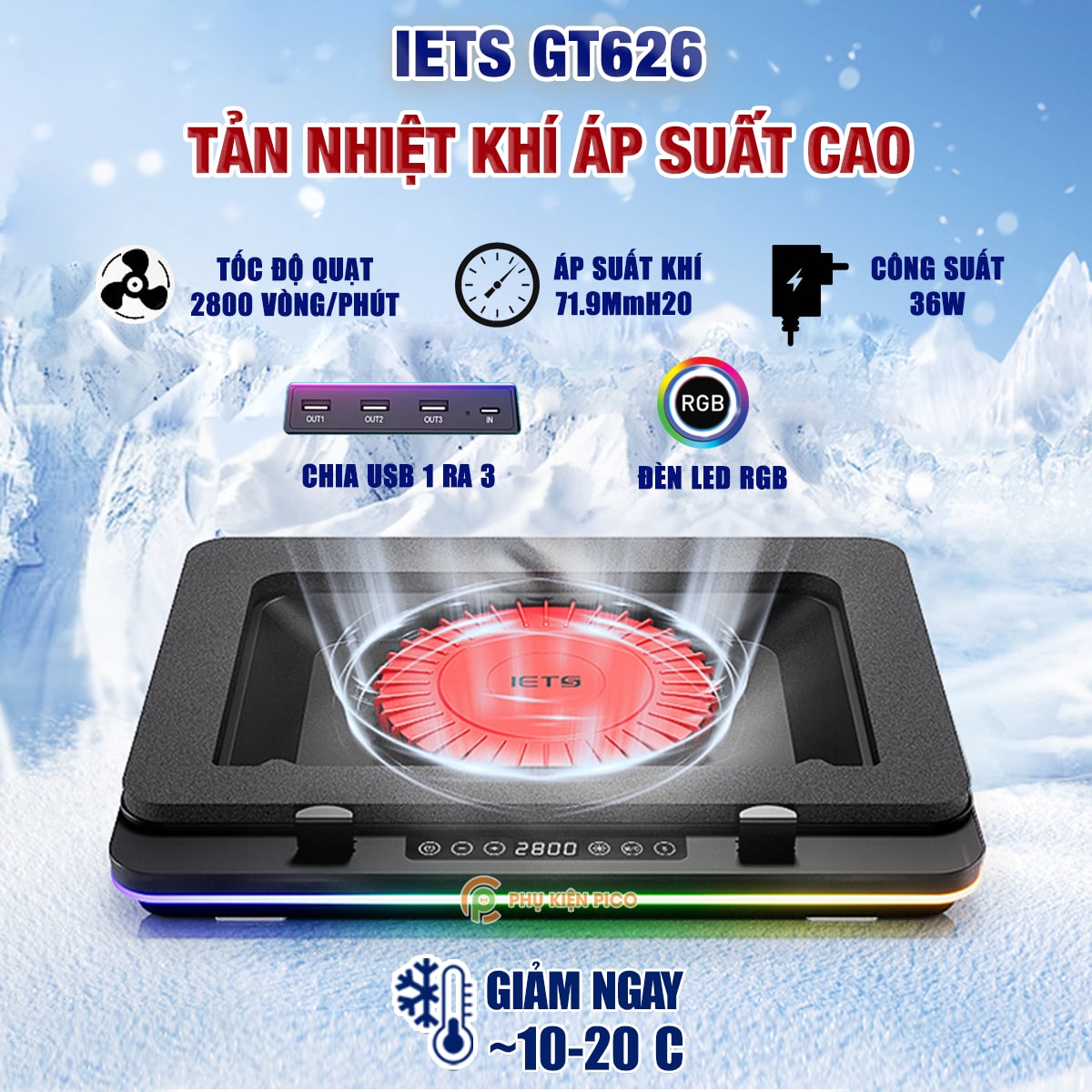 Quạt tản nhiệt laptop IETS GT626 tản khí nén turbo 2800RPM giảm nhiệt thực sự chuyên dụng cho máy tính đồ họa gaming - Đế tản nhiệt Laptop