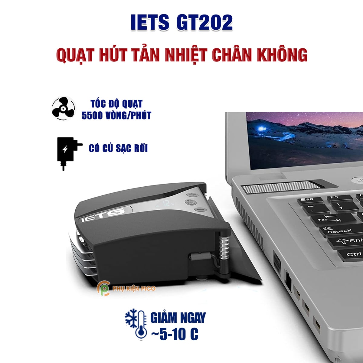 Quạt tản nhiệt laptop Iets GT202 Cooler V9 quạt hút gió chân không có màn hình hiển thị nhiệt độ bản cao cấp có củ sạc rời