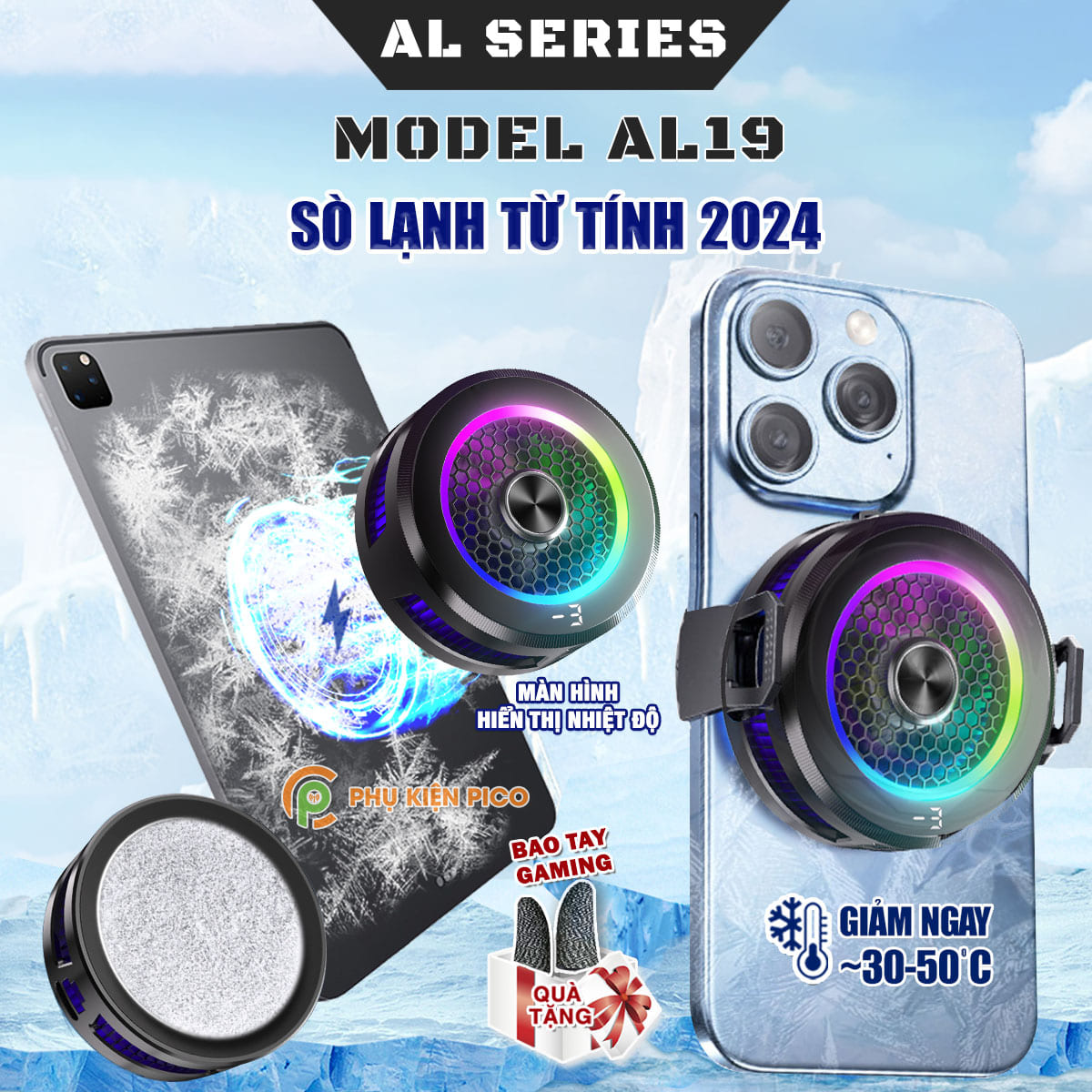 Quạt tản nhiệt điện thoại sò lạnh từ tính AL19 làm lạnh đóng băng màn hình hiển thị nhiệt độ led RGB