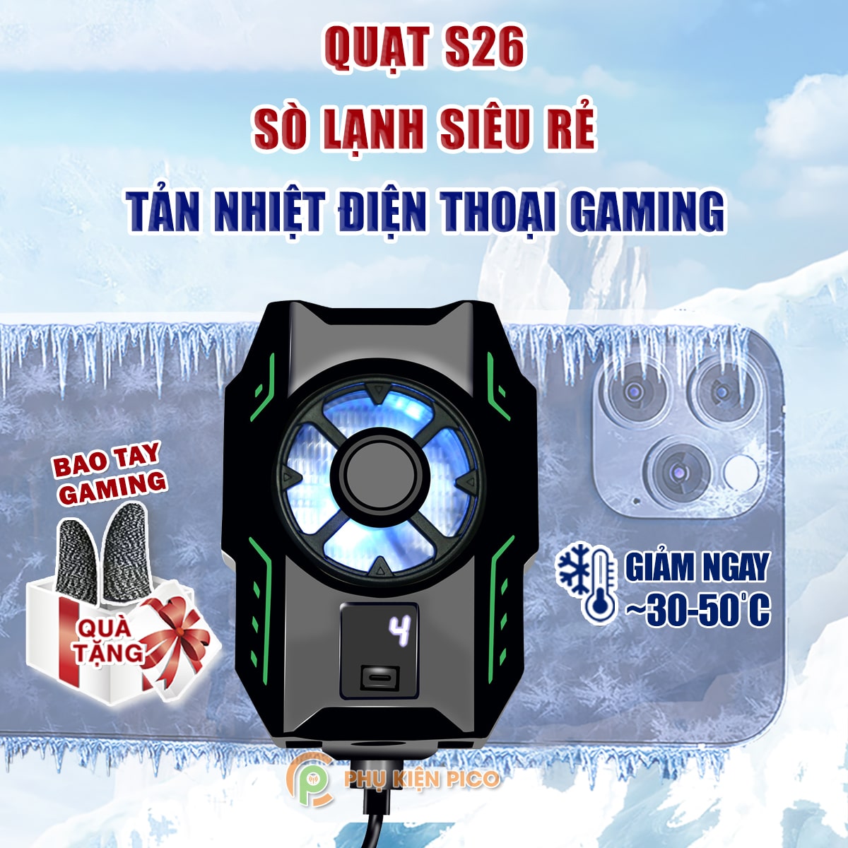 Quạt tản nhiệt điện thoại sò lạnh S26 màn hình hiển thị nhiệt độ Led RGB - Quạt sò lạnh giá rẻ