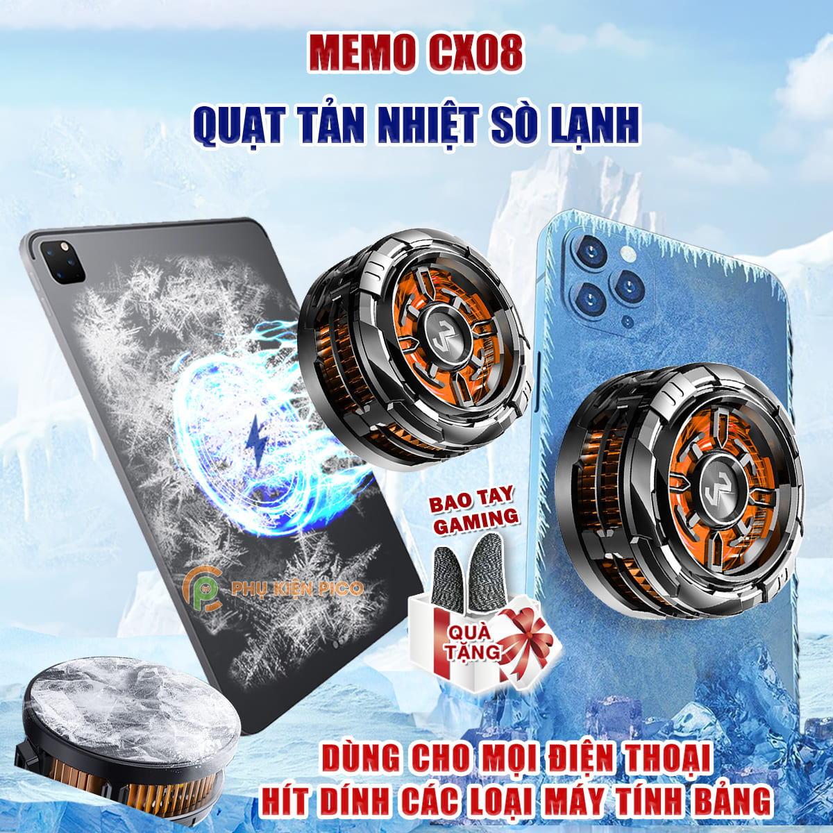 Quạt sò lạnh tản nhiệt điện thoại máy tính bảng Memo CX08 sò lạnh từ tính led RGB làm lạnh đóng băng
