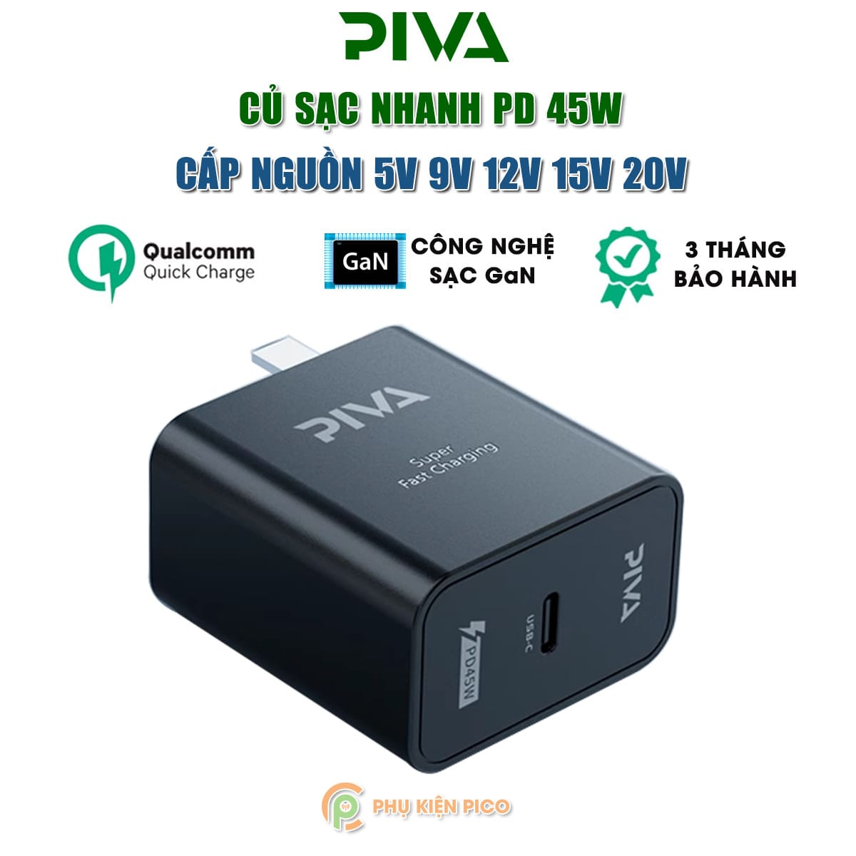 Củ sạc nhanh 45W Piva PD GaN Type C hỗ trợ sạc siêu nhanh 2.0 Bộ Sạc hỗ trợ iPhone Xiaomi Oppo Samsung iPad quick charge adapter