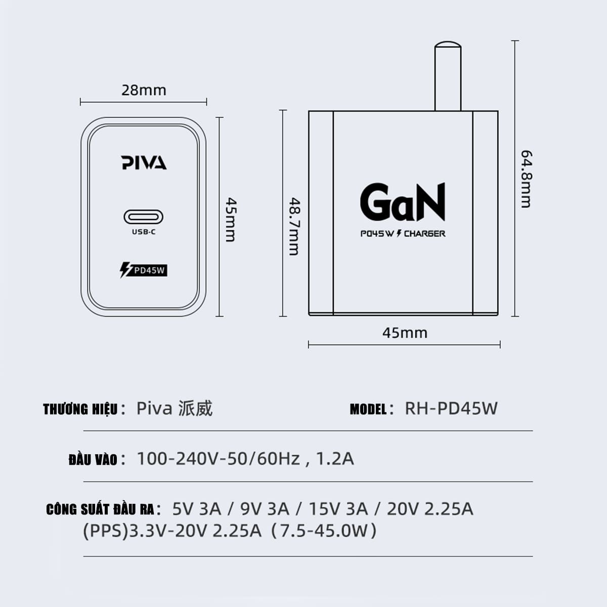 Củ sạc nhanh 45W Piva PD GaN Type C hỗ trợ sạc siêu nhanh 2.0 Bộ Sạc hỗ trợ iPhone Xiaomi Oppo Samsung iPad quick charge adapter
