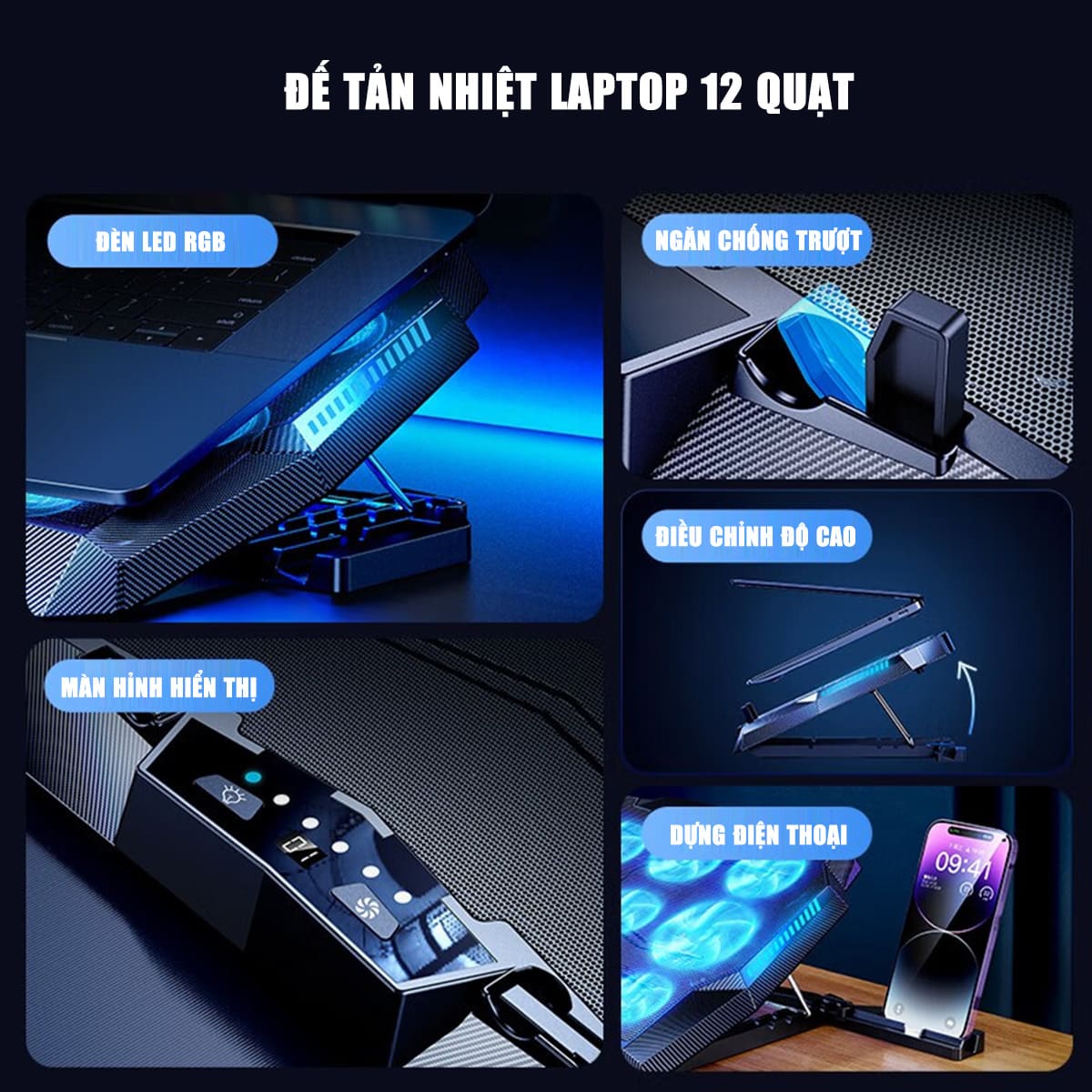 Đế tản nhiệt laptop gaming FL03 12 quạt giá đỡ laptop đèn led rgb chỉnh tốc độ gió làm mát nhanh chống ồn