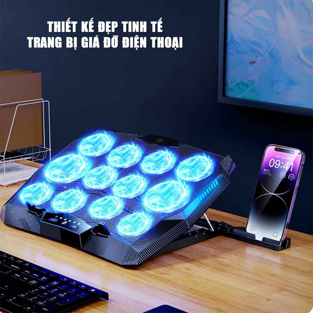 Đế tản nhiệt laptop gaming FL03 12 quạt giá đỡ laptop đèn led rgb chỉnh tốc độ gió làm mát nhanh chống ồn