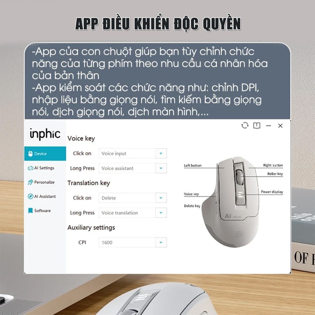 Chuột không dây Bluetooth Inphic S6 DPI 2400 - Chuột Voice AI điều khiển giọng nói chống ồn, pin sạc Type-C