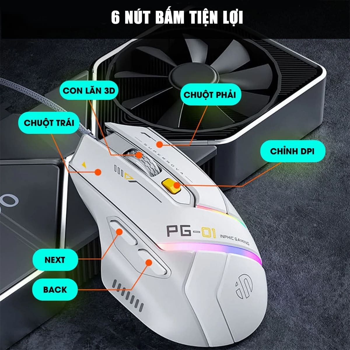 Chuột có dây Inphic PG1 gaming 12800 DPI chuyên game FPS hỗ trợ app led RGB - Chuột Inphic Game có dây